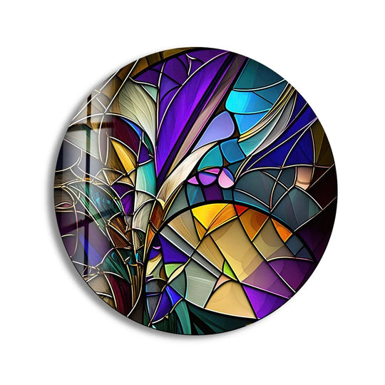 Negative space highlights the dynamic interplay of color in this round colored stained tempered glass wall art, giving shape to an abstract design.