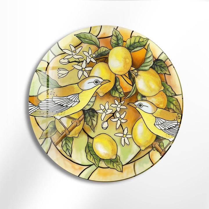 Lemon Tree & Birds Stained Round Glass Wall Art stained glass wall art, stained glass wall decor
