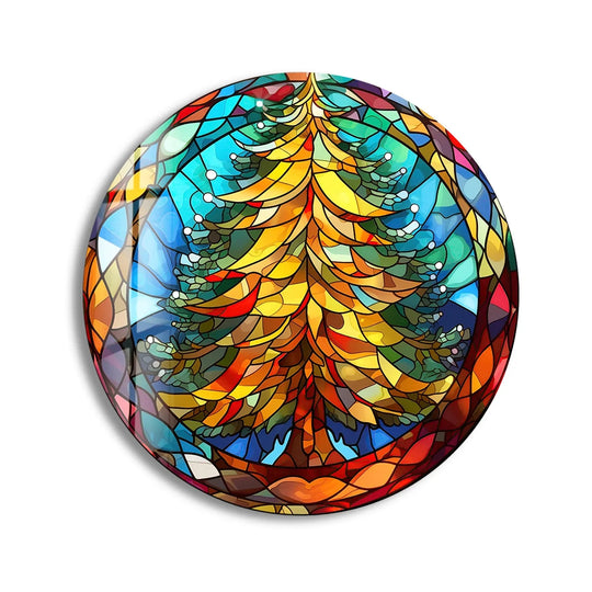 Vibrant yellow sections form the loudest element in this stained Christmas pine tree round print wall art, with colorful shards creating a festive holiday design.