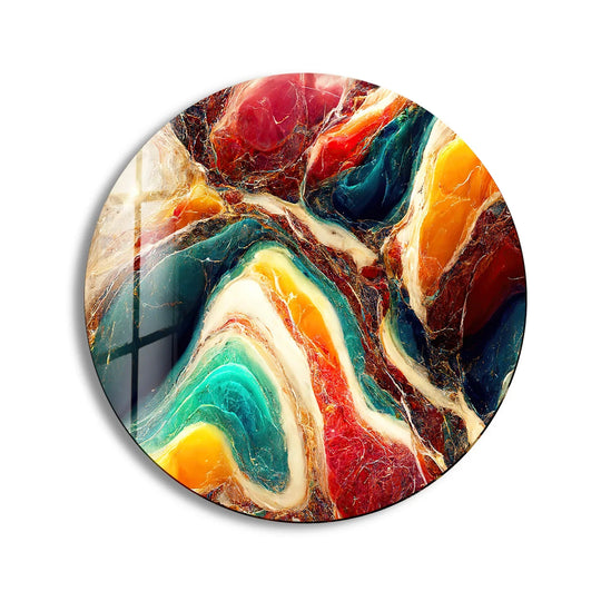 Foreground details showcase the swirling, colorful marble pattern of this round glass wall art, a vibrant piece perfect for home decoration.