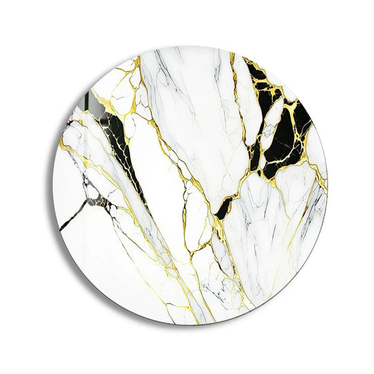 Vibrant color saturation accentuates the gold veining in this white marble round glass wall art, offering unique wall prints with a luxurious and modern aesthetic.