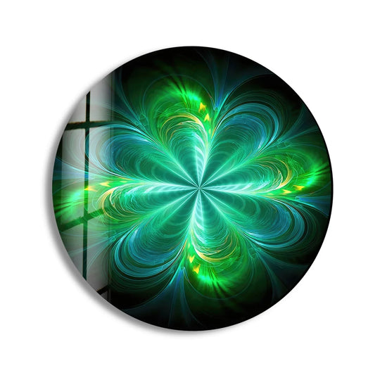Reflecting the room's windowpane, the background adds depth to this green abstract round glass wall art, showcasing the best glass art with a touch of architectural intrigue.