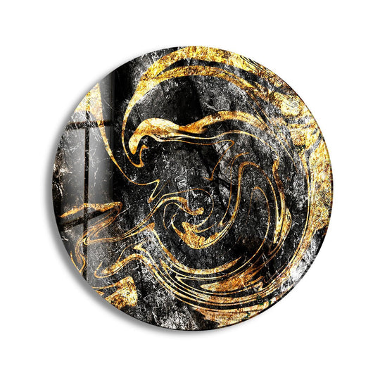 Concentric and spiraling golden lines define the geometric elements in this luxury black and gold abstract marble texture hanging wall art.