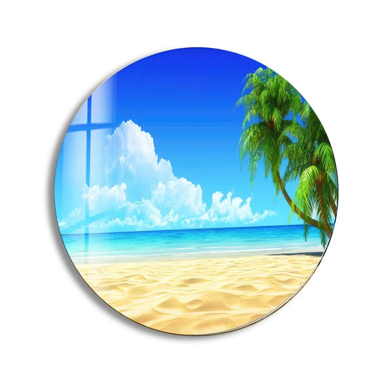 Undulating sand and swaying palm fronds in the tropical landscape round glass art painting celebrate nature's organic forms.