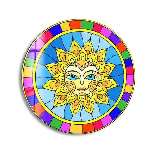 Vibrant depth and layers create a captivating effect in this colorful sun face round wall art crafted from tempered glass wall art, highlighting its intricate boho celestial design.