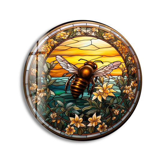 Featuring high color saturation, this stained round bee glass wall art brings a vibrant home decoration element with its stunning, richly colored scene.