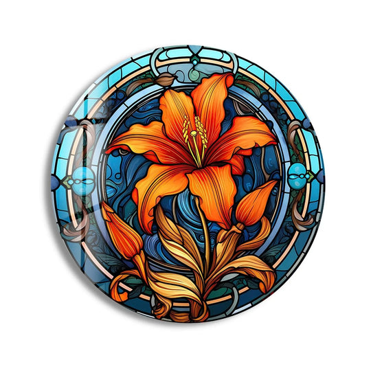 Visual rhythm defines this circular stained orange flower round glass art, an intricate display of flowing lines in the beautiful glass art design.