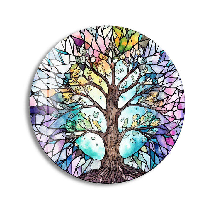 Stained Glass Tree of Life Round Wall Art – Pastel Rainbow Glass Decor