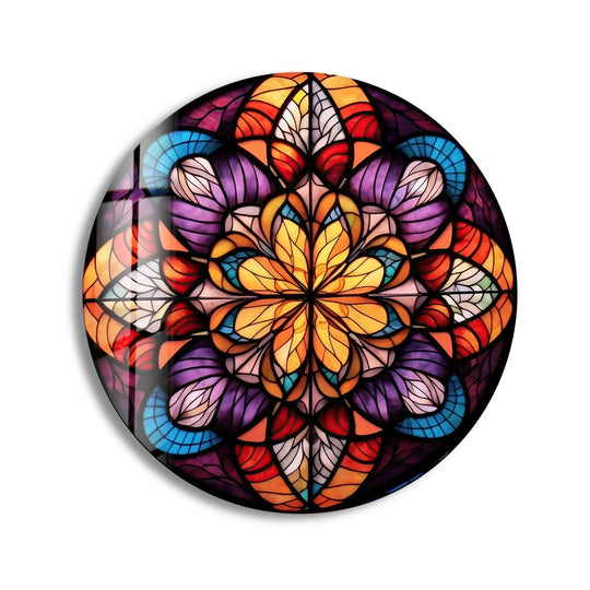 Alternating vibrant segments create a captivating visual rhythm in this mandala pattern stained round glass art painting, where light and color dance in harmony.