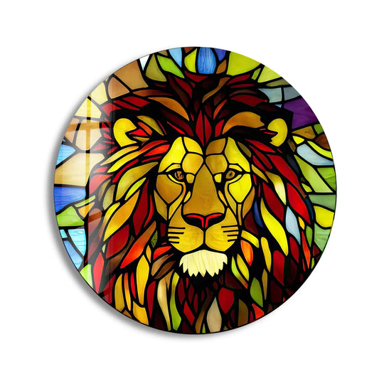 Majestic lion's gentle, creamy-white chin is the softest element of this round, stained glass lion wall art decor, kingly in its colorful jungle design.
