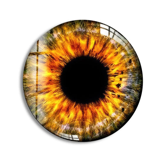 The realistic detail captures the vibrant orange hues and intricate patterns of this round eye, showcasing the beauty of this best glass art piece.