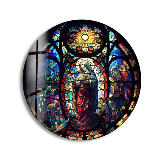 Round glass wall art stained glass style with vibrant colors and Christian art plus durable tempered glass wall art