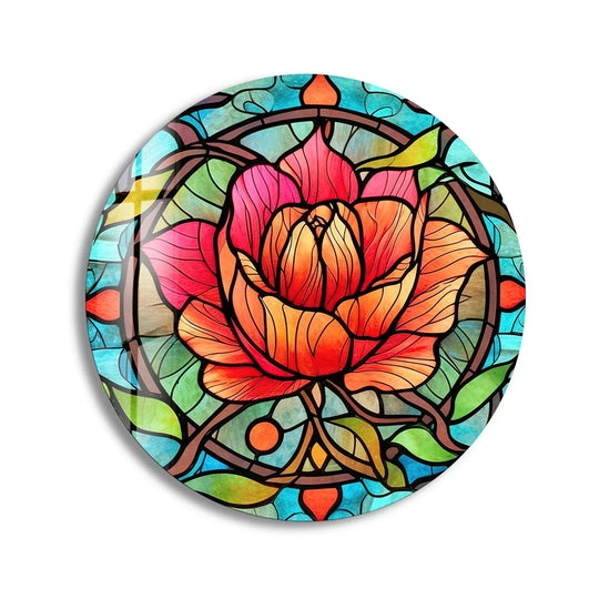 Glossy finish highlights the intricate details of the stained round red rose glass art, creating a vibrant and eye-catching glass art piece.