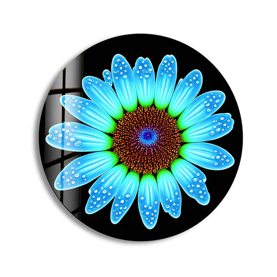 Captivating organic forms define this blue daisy flower round glass print, a modern floral home decoration showcasing delicate water droplets and a vibrant, artistic flair.