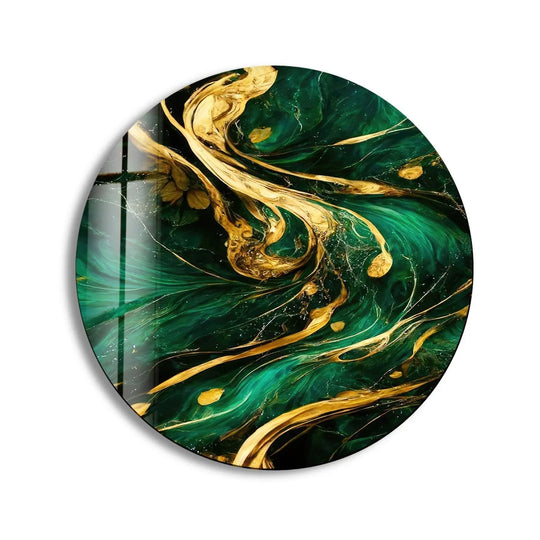 Geometric swirling lines of gold and emerald define this round print wall art, creating an abstract design in this glass wall art piece.