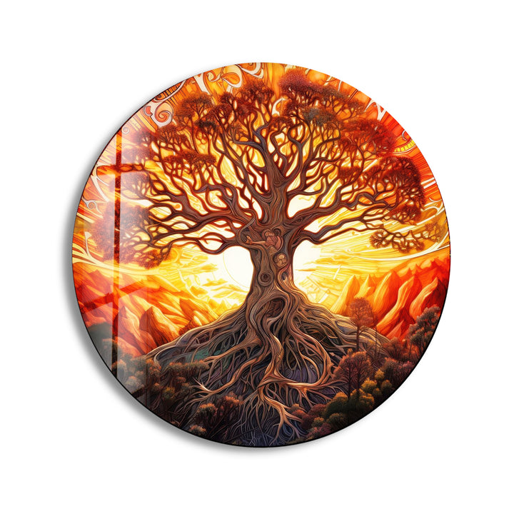 Golden Sunset Tree of Life Round Wall Art – Vibrant Spiritual Decor on Glass