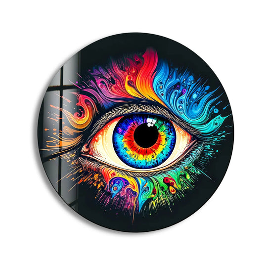 Smooth surface texture of the psychedelic eye round wall art from glass showcases a captivating color explosion on black glass in this bold modern decor.