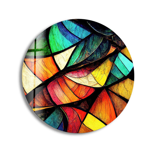 The darkest area of the stained round symmetrical symbols glass wall art reveals the rich textures and depth of this unique glass art piece.