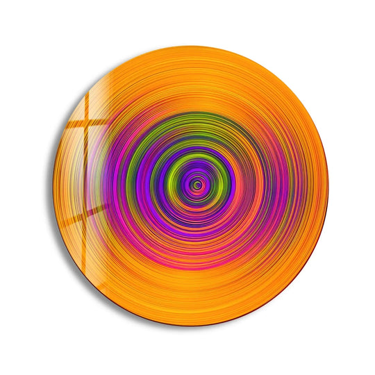 Foreground detail shows the vibrant, swirling concentric circles of this colored twirl abstract round glass art painting, a captivating motion decor piece.