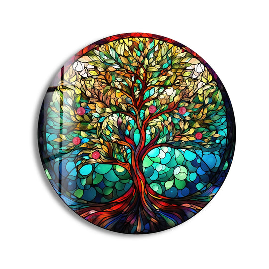 Stillness pervades this fruitful tree of life round stained glass art, a mesmerizing glass art painting of a serene arboreal scene.
