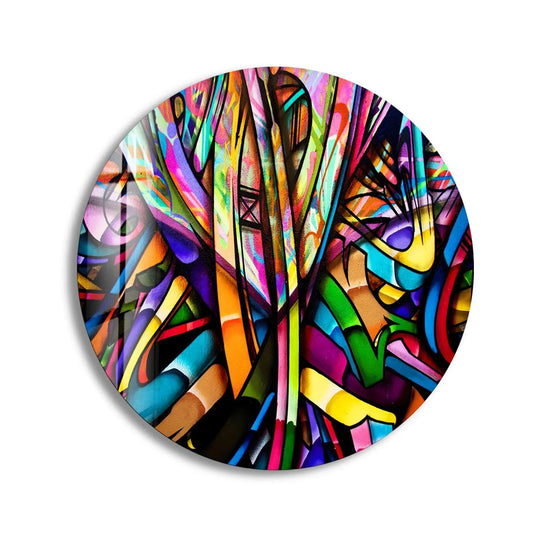 Vibrant stained geometric lines create a mesmerizing central subject in this round glass art, showcasing a dynamic and colorful explosion of abstract forms.