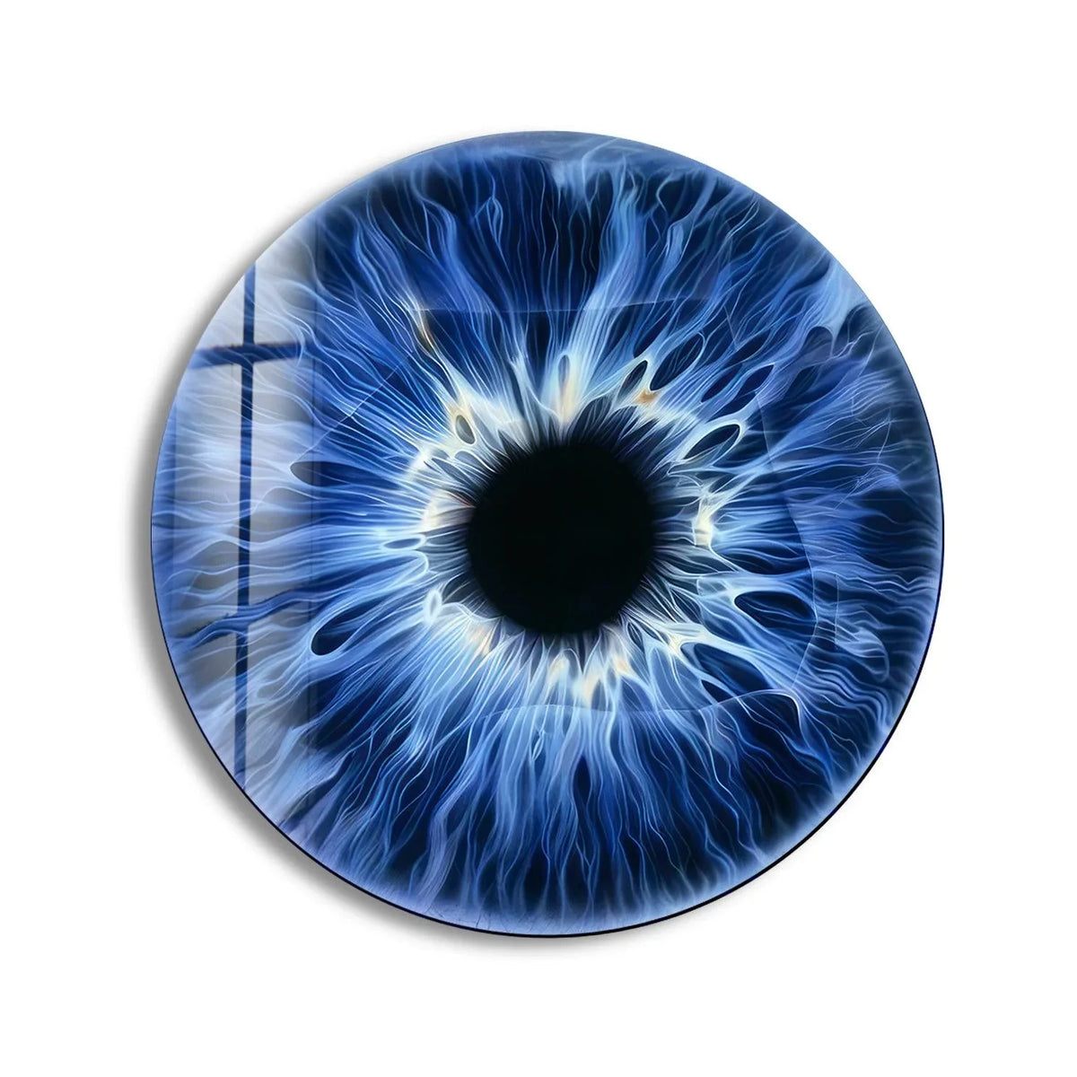 Featuring a sleek edge, this round glass wall art showcases a stunning blue and black eye design using high-quality tempered glass wall art.