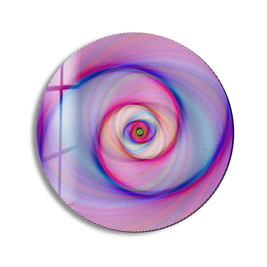 The brightest area highlights the mesmerizing depth of this purple swirl abstract round glass art painting, showcasing its hypnotic design.