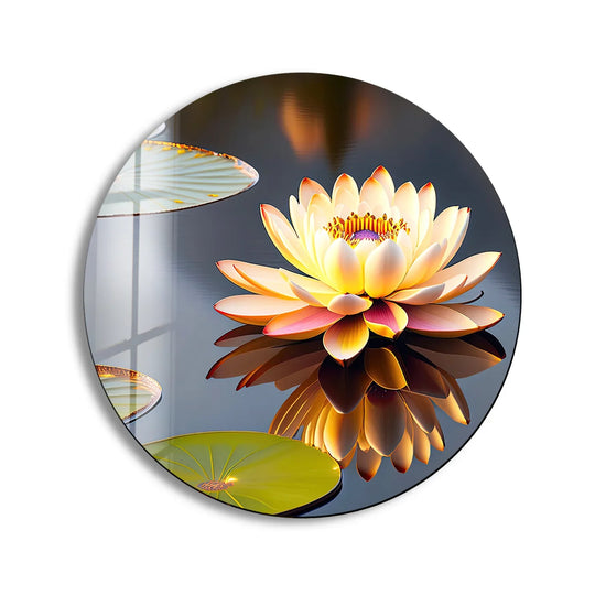 Highlighting the abstract quality, golden lotus and lily pads meld in mirrored reflection, creating a surreal and serene visual on this tempered glass wall art.