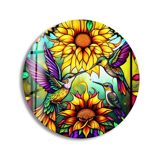 The darkest area accentuates the stained birds and flowers in this hanging wall art, showcasing the tempered glass round wall art's vibrant colors and detailed design.