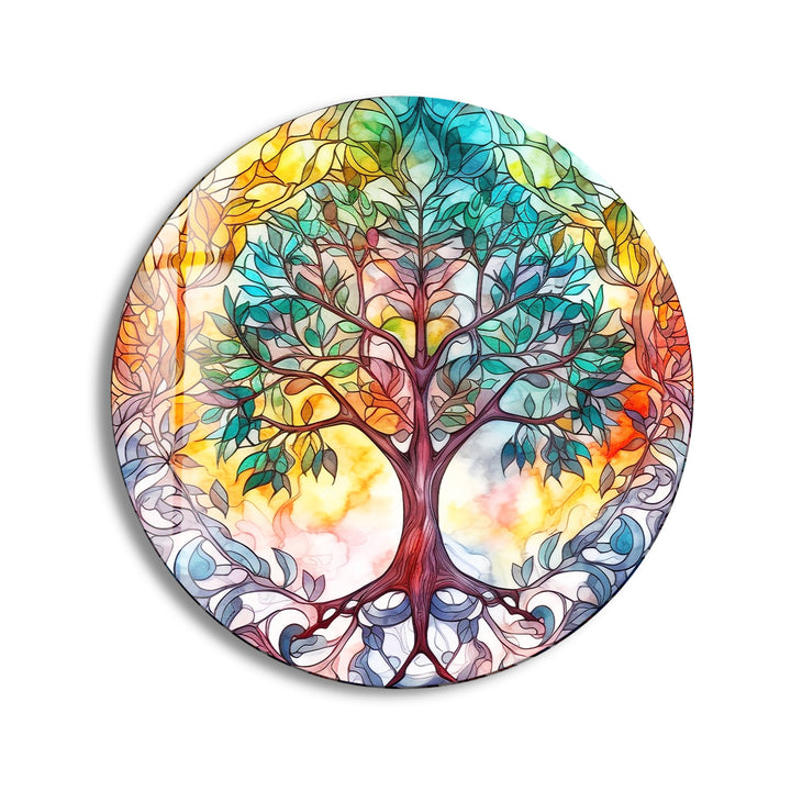 Colorful Tree of Life Round Wall Art – Stained Glass Effect Glass Decor