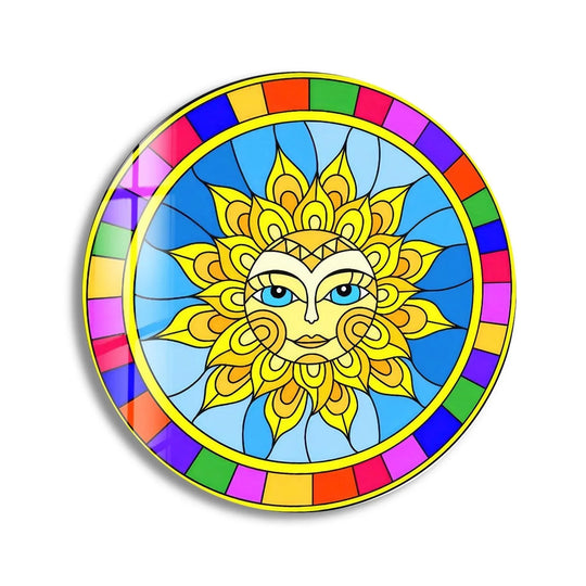 Stillness radiates from the colorful mandala design in this round glass wall art, a mesmerizing piece of home decoration that captures an eternal moment.
