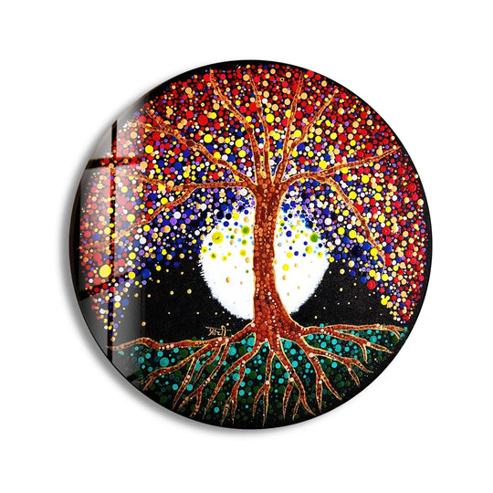 Textured surface on this round glass wall art accentuates the vibrant, colorful tree design, creating a unique depth in this art from glass piece.