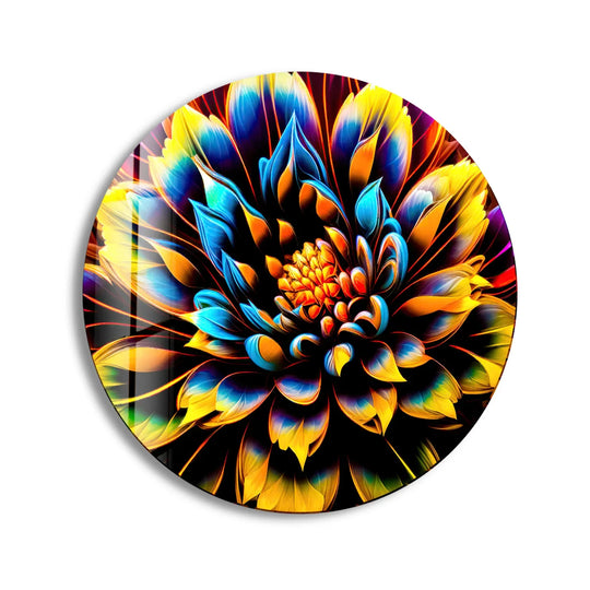 Illuminated, the brightest area showcases the vibrant center of this radiant bloom multicolor floral round glass art painting, creating a luminous and captivating effect.