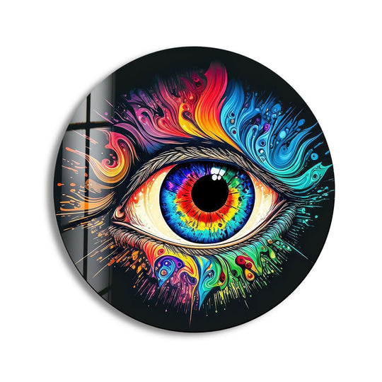 Swirling colors emanate outwards, creating a dynamic sense of movement within this round glass art, exemplifying the best glass art for modern decor.