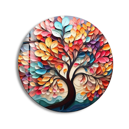 The stillness in the vibrant leaves of this 'Life of Tree' round glass wall art invites a contemplative mood with exquisite art from glass.