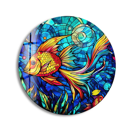 Textured surface of the round stained glass wall prints showcases a vibrant fish design with intricate patterns mimicking an aquatic scene.