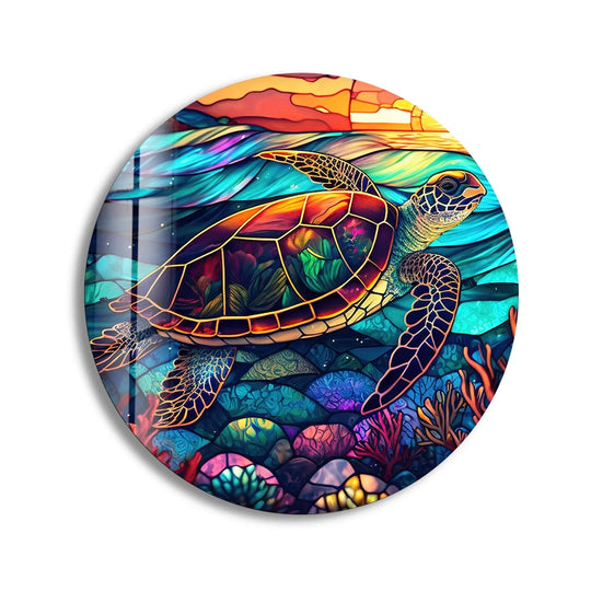 Brightest area showcases a captivating round sea turtle glass wall art decor, featuring vibrant colors and intricate details of underwater marine life.