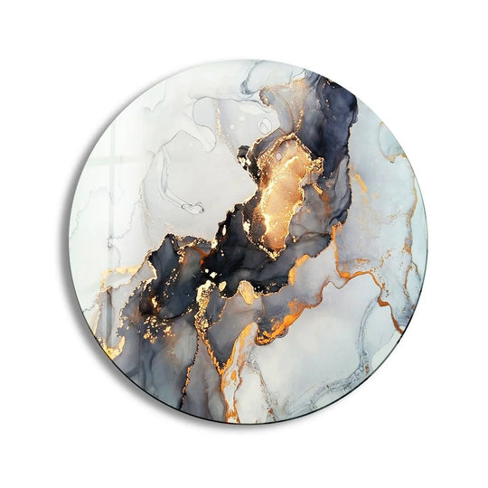 Showcasing the abstract quality, gold details and gray marble blend in this round glass art painting, creating a mesmerizing swirl of color and texture for a unique wall decor piece.