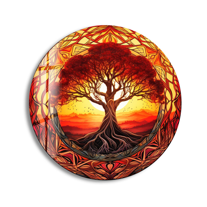 Fiery Sunset Tree of Life Round Wall Art – Bold Glass Decor for Inspiring Spaces