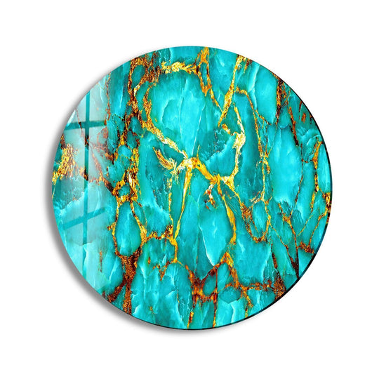 The darkest area highlights the intricate black border framing the stunning green marble with gold veins wall art prints on round glass.