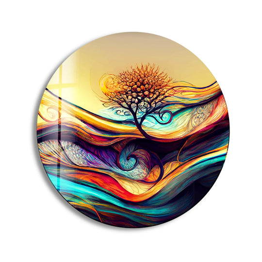 With vibrant hues and swirling patterns, the background elevates this colorful abstract tree wall art, offering an eye-catching home decor focal point.
