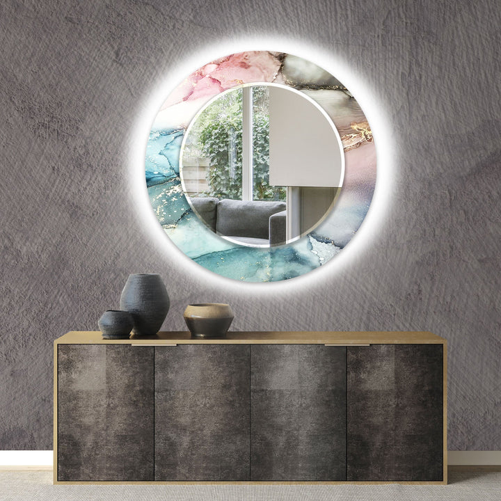 Blue and Pink Round Wall Mirror Gold Mirror
