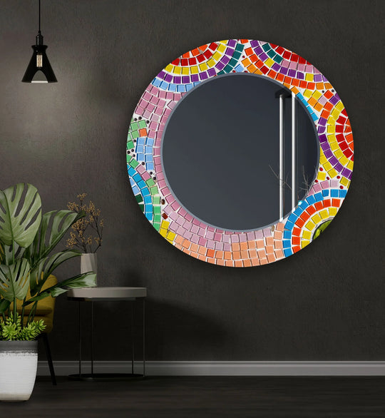 The decorative wall mirror features colorful stones mosaic patterns and vibrant artistic decor and is a colorful stones wall mirror for vibrant home decor
