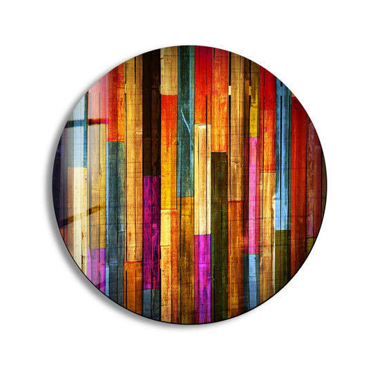 Featuring best glass art with a sleek edge, this round wall art highlights the vivid colors and rustic wood pattern design near its border.