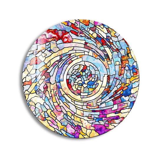 Geometric shapes converge in this round glass printing wall art, where swirling segments of stained glass create a mesmerizing, colorful design.
