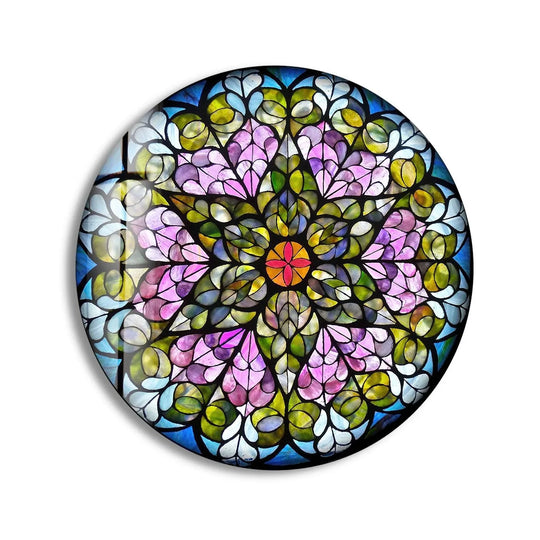The stillness of this floral stained round pink flowers glass wall art decor captures the light, transforming a simple scene into an enduring, radiant focal point.