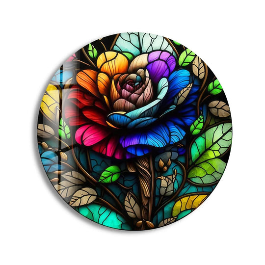 The stillness of the stained colored rose is captured in this round glass wall art, bringing peaceful wall prints to your modern decor.