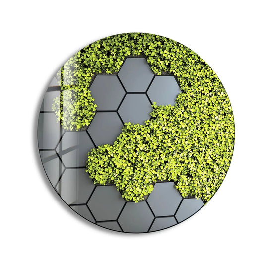 Stained finish on the moss paneled round glass wall art enhances its unique modern wall decor, blending greenery and geometric designs.