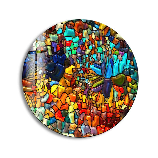 The focal point reveals a vibrant mosaic of colors and shapes, forming a striking red mosaic round glass wall art ideal for unique home decoration.