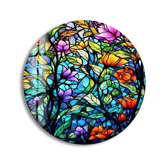 The colorful transitions in this stained with flowers round glass art painting showcase vibrant gradations between pink, orange, and purple hues.